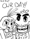  2015 animatronic anthro avian bib bird black_and_white chicken duo english_text female five_nights_at_freddy&#039;s five_nights_at_freddy&#039;s_2 inkyfrog looking_at_viewer machine monochrome one_eye_closed robot simple_background smile text toy_chica_(fnaf) video_games white_background wink withered_chica_(fnaf) 