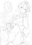  1girl absurdres barefoot bra breasts can cola commentary electric_fan foot_out_of_frame fukana_miyu_(kokuya28) gloves goggles goggles_on_head greyscale highres holding holding_can kokuya_(kokuya28) looking_at_viewer mechanic monochrome open_mouth original short_hair small_breasts soles solo tank_top toes underwear wiping_face wrench 