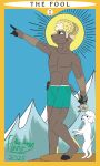 anthro bent_legs bovid brown_body brown_eyes canid canine canis caprine card clothed clothing domestic_dog feral fingers finnr_the_sheep finnrthesheep flower fur hair hi_res hooved_fingers hooves male mammal mountain partially_clothed plant rose_(flower) scenery shaved sheep sky slim slim_male solo sun tan_hair tarot tarot_card underwear wool_(fur)