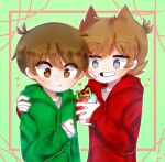  2boys animification blush border brown_eyes cola commentary drink edd_(eddsworld) eddsworld english_commentary green_background green_hoodie grey_eyes grin hair_ears hand_on_another's_shoulder heart holding holding_drink hood hood_down hoodie jitome long_sleeves male_focus multiple_boys red_border red_hoodie ribbon simple_background smile tord_(eddsworld) upper_body yulazee 