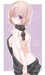  a-kiraa_(whisper) backless_dress backless_outfit bad_id bad_pixiv_id bangs bare_back bare_shoulders black_dress blush breasts butt_crack closed_mouth cowboy_shot dress eyes_visible_through_hair fate/grand_order fate_(series) floral_background hair_over_one_eye halterneck looking_at_viewer looking_back mash_kyrielight medium_breasts meme_attire naked_sweater pink_hair purple_eyes short_hair shoulder_blades sideboob smile solo sweater sweater_dress turtleneck turtleneck_sweater virgin_killer_sweater 