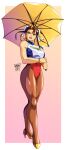  1990s_(style) 1girl :d alternate_costume border bracelet breasts brown_hair bun_cover capcom chun-li commentary danmakuman double_bun english_commentary full_body hair_bun high_heels highres holding holding_umbrella jewelry large_breasts leotard logo looking_at_viewer pantyhose race_queen retro_artstyle shiny_skin signature smile solo standing street_fighter teeth thick_thighs thighs umbrella upper_teeth_only white_border 