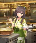  1boy 1girl blunt_ends blurry blurry_background blush bow brown_hair carrot ceiling_light chopsticks closed_mouth cooking cooking_pot counter cowboy_shot cutting_board dot_nose floral_print floral_print_kimono food game_cg green_bow green_kimono hair_bow head_tilt holding holding_chopsticks holding_tray indoors japanese_clothes juujou_hiyori kimono long_hair nakai_(waitress) night official_art paper print_kimono red_eyes restaurant sleeves_rolled_up solo_focus stove third-party_source toji_no_miko toji_no_miko:_kizamishi_issen_no_tomoshibi tray vegetable yellow_bow 