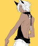  animal_ears backless_outfit bare_back blue_eyes dark_skin dark_skinned_male erune eustace_(granblue_fantasy) granblue_fantasy looking_back male_focus meme_attire ribbon simple_background solo sweater virgin_killer_sweater white_hair yellow_background yuki_(port_fairy) 