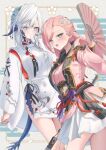  2girls au_ra blue_eyes breasts commentary_request dragon_girl dragon_horns dragon_tail final_fantasy final_fantasy_xiv flower folding_fan hair_flower hair_ornament hand_fan highres holding holding_fan horns hyur japanese_clothes jinbaori kariginu khr_39 kimono looking_at_viewer multiple_girls pink_hair pink_kimono robe scales skirt tail warrior_of_light_(ff14) white_hair white_robe white_skirt 