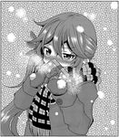  akebono_(kantai_collection) blush box breath coat commentary_request covering_mouth flower gift gift_box greyscale hair_between_eyes hair_flower hair_ornament holding holding_gift kantai_collection long_hair mittens monochrome nose_blush scarf shino_(ponjiyuusu) side_ponytail snow snowing solo upper_body winter_clothes winter_coat 