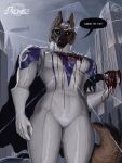 2025 absurd_res anthro blood blood_on_chest blood_on_face blood_on_hand bodily_fluids bodysuit canid canine canis cape city cityscape clothing dialogue domestic_dog facial_scar female gloves handwear hi_res holding_severed_arm holding_severed_limb laser_sight looking_at_viewer looking_down looking_down_at_viewer mammal manedpizzawolf outside scar severed_arm severed_body_part severed_limb singularity_(manedpizzawolf) skinsuit speech_bubble superhero superhero_costume tight_clothing white_bodysuit white_clothing white_gloves white_handwear white_skinsuit