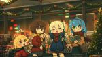  4girls :d absurdres ahoge aqua_eyes aqua_nails arm_up backpack bag black_hairband black_skirt black_thighhighs blonde_hair blue_hair blue_jacket blush borrowed_character braid brown_eyes brown_hair candy_snail_(porforever) carrot_hair_ornament centurii-chan_(character) christmas_ornaments christmas_tree closed_eyes commentary digitan_(porforever) double_gyaru_v double_v electric_plug electric_plug_tail english_commentary facing_viewer fang flora_(bkbbkbkk) food-themed_hair_ornament gyaru_v hair_between_eyes hair_ornament hairband heart heart_tail highres holding holding_magazine indoors jacket kuruna_(pixel_princess_blitz) long_hair long_sleeves looking_at_viewer loose_socks magazine_(object) magazine_rack miniskirt multiple_girls nail_polish night open_mouth original outstretched_arms plaid_clothes plaid_scarf pleated_skirt porforever power_symbol red_eyes red_jacket red_scarf robot_ears round_eyewear scarf short_hair shoulder_bag skirt smile socks tail thighhighs twin_braids v white_hair winter_clothes yellow_scarf zettai_ryouiki 