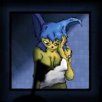 alberto_omega animal_crossing ankha_(animal_crossing) bathroom blue_hair bodily_fluids breasts brush clothing felid feline female fur hair hand_on_face hi_res larger_female long_ears looking_away looking_down mammal mouthless nintendo one_breast_out red_eyes sad shaded simple_eyes size_difference solo tall tears wet wet_body wet_hair white_clothing white_eyes window window_reflection yellow_body yellow_fur