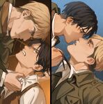  2boys angry angrymiloras blonde_hair blue_eyes bolo_tie brown_eyes brown_hair brown_jacket brown_vest clenched_teeth clothes_grab collared_shirt commentary english_commentary erwin_smith eye_contact furious highres imminent_kiss jacket lapels levi_(shingeki_no_kyojin) looking_at_another male_focus multicolored_hair multiple_boys necktie necktie_grab neckwear_grab open_mouth profile shingeki_no_kyojin shirt shirt_grab sideburns teeth thick_eyebrows two-tone_hair upper_teeth_only vest white_shirt wide-eyed wing_collar yaoi 