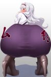  1girl ass blush bo_(bo) commentary_request foreshortening from_behind full_body grey_hair hairband high_heels idolmaster idolmaster_(classic) long_hair looking_at_viewer looking_back paid_reward_available purple_eyes purple_skirt red_hairband shijou_takane skirt solo squatting sweatdrop 