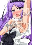  armlet armpit_poke armpits bangs bare_shoulders beads black_ribbon blush bracelet choker dress euryale eyebrows eyebrows_visible_through_hair fate/hollow_ataraxia fate_(series) flower hairband headdress jewelry kani_club lolita_hairband long_hair necklace purple_eyes purple_hair ribbon ribbon_trim ring smell solo spread_armpit sweat twintails white_dress 