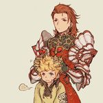  2boys age_difference alec_(granblue_fantasy) armor blonde_hair blue_eyes granblue_fantasy hair_tousle heterochromia long_hair male_focus multiple_boys percival_(granblue_fantasy) red_eyes red_hair sarry23 simple_background spoken_ellipsis sweat tan_background 