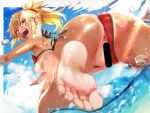  1girl :d anus ass ass_focus bar_censor barefoot bikini bikini_bottom_aside bikini_top_lift blonde_hair blue_sky blush breasts censored clothes_lift clothing_aside cloud commentary_request dutch_angle fate/grand_order fate_(series) feet foot_focus foreshortening from_behind green_eyes highres lens_flare looking_at_viewer medium_breasts momisan mordred_(fate) mordred_(swimsuit_rider)_(fate) mordred_(swimsuit_rider)_(first_ascension)_(fate) nipples outdoors paid_reward_available pussy red_bikini sky smile soles solo swimsuit tan tanlines toes water water_drop 
