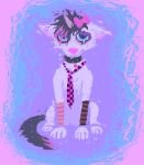 2023 abstract_background alternative_fashion ambiguous_gender canid canine canis checkered_necktie clothing demensa digital_media_(artwork) domestic_dog emo feral full-length_portrait fur hi_res leg_warmers legwear mammal necktie pattern_necktie pink_nose pixel_(artwork) portrait sad scene_(fashion) sitting solo sparklefur white_body white_fur