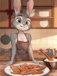 2025 anthro apron apron_only bowl breasts buckteeth cake christmas clothing container cookie dessert digital_media_(artwork) disney european_rabbit female food fur grey_body grey_fur holidays judy_hopps kitchen lagomorph leporid mammal multicolored_body multicolored_fur oryctolagus pan purple_eyes rabbit solo teeth trulya two_tone_body two_tone_fur wooden_spoon zootopia