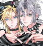  2boys 3_3lecho absurdres alternate_costume alternate_hairstyle badge black_collar black_hat black_nails black_shirt blonde_hair blue_eyes bracelet button_badge chain chain_necklace cloud_strife collar earrings eyebrow_piercing face_piercing fangs final_fantasy final_fantasy_vii final_fantasy_vii:_ever_crisis green_eyes grey_hair hair_intakes hand_on_another's_shoulder hat heart heart_hands heart_hands_duo highres jewelry light_frown light_smile lip_piercing long_sleeves looking_at_viewer low_ponytail male_focus medium_hair multiple_boys multiple_rings necklace piercing ponytail ring scarf sephiroth sephiroth_(ever_crisis) shirt short_ponytail slit_pupils snake_earrings spiked_bracelet spikes star_(symbol) striped_clothes striped_scarf striped_shirt time_paradox upper_body 