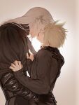  2boys alternate_costume black_coat black_gloves black_shirt black_sweater blonde_hair christmas closed_eyes clothes_grab cloud_strife coat dissidia_duellum_final_fantasy dissidia_final_fantasy earrings final_fantasy final_fantasy_vii french_kiss gloves gradient_background grey_hair hand_on_another's_back hand_on_another's_chest hand_on_another's_waist highres huaihecc jewelry kiss long_hair long_sleeves male_focus mistletoe multiple_boys no_gloves official_alternate_costume sephiroth shirt short_hair spiked_hair sweater turtleneck turtleneck_shirt turtleneck_sweater upper_body yaoi 