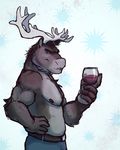  2016 5_fingers alcohol anthro antlers belt beverage biceps biped black_nipples cervine clothed clothing digital_media_(artwork) eyebrows fur glass grey_fur grey_horn half-length_portrait hand_on_hip holding_glass holding_object horn humanoid_hands looking_at_viewer male mammal muscular muscular_male nipples pants pattern_background pecs portrait pose reindeer side_view simple_background skaifox smile smirk snout solo standing topless wine 