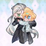  2boys absurdly_long_hair bbsing black_coat black_fur black_gloves black_pants black_sweater blonde_hair blue_eyes blue_outline blush chibi chibi_only cloud_strife coat dissidia_duellum_final_fantasy dissidia_final_fantasy earrings elbow_gloves final_fantasy full_body fur-trimmed_jacket fur_trim gloves green_eyes grey_hair hair_slicked_back hand_on_another's_waist holding_hands jacket jewelry light_smile long_hair male_focus multiple_boys necklace official_alternate_costume open_mouth outline pants sephiroth short_hair spiked_hair stud_earrings sweater turtleneck turtleneck_sweater very_long_hair watermark watermark_grid white_jacket winter_clothes yaoi 