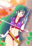 1girl absurdres armband belt blue_eyes breasts brick_wall commentary_request cowboy_shot cropped_jacket energy_gun gloves green_hair gun hand_up highres holding holding_gun holding_weapon holster jacket kisaragi_miyuki laser leaf long_hair medium_breasts midriff navel open_mouth panties purple_jacket red_armband red_panties reika_(time_gal) shoulder_pads sleeveless sleeveless_jacket solo standing takemoto_izumi_(style) thigh_gap time_gal underwear very_long_hair weapon white_gloves yellow_belt 