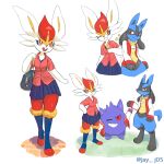  1boy 1girl animal_ears animal_feet animal_hands animal_nose arm_at_side arm_up artist_name bag barefoot black_eyes black_fur blue_fur blue_skirt blush body_fur bottomless bright_pupils buck_teeth cinderace closed_mouth clothed_pokemon collared_shirt colored_sclera commentary elbow_bump english_commentary eye_contact flat_chest food full_body furry furry_female furry_male gengar grass grin hand_on_own_hip hand_up happy heel_up highres holding holding_food holding_popsicle j.jama jacket light_blush looking_at_another looking_at_viewer looking_to_the_side lucario miniskirt multicolored_fur no_shirt one_eye_closed open_clothes open_jacket open_mouth pleated_skirt poke_ball_symbol pokemon pokemon_(creature) popsicle rabbit_ears rabbit_girl rabbit_tail raglan_sleeves red_eyes red_fur red_hair red_jacket red_sclera red_shirt redrawn school_bag school_uniform shirt short_hair short_sleeves shoulder_bag sideways_glance simple_background skirt smile spikes standing star_(symbol) tail teeth twitter_username walking watermark white_background white_fur white_pupils white_sleeves wolf_boy wolf_ears wolf_tail yellow_fur 