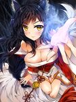  ahri animal_ears bare_shoulders black_hair blush breasts cleavage collarbone detached_sleeves facial_mark fox_ears fox_tail highres korean_clothes large_breasts league_of_legends lips long_hair low_neckline multiple_tails nia_(leafunia) slit_pupils solo tail whisker_markings yellow_eyes 