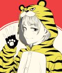  1girl animal_ears animal_hood animal_print commentary_request fake_animal_ears fingerless_gloves gloves hand_up highres hood lee_(dragon_garou) limited_palette onesie original partially_colored profile red_background smile solo tiger_hood tiger_print upper_body waving 