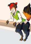 absurd_res alternative_fashion anthro canid canine clothing dark_tail_tip dipstick_tail emo felimino fox fox_tail fur green_eyes hair hi_res male male/male mammal markings necktie orange_body orange_fur piercing red_hair rogue school_uniform solo supported_arm tail tail_markings uniform