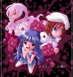  bangs blue_eyes blue_hair blunt_bangs blush bow brown_hair crying dress flower furude_rika hanyuu hat highres higurashi_no_naku_koro_ni horns long_hair looking_at_viewer looking_up multiple_girls open_mouth petals ryuuguu_rena sad short_hair tears xxxkiri 