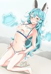  blue_hair blush breasts brown_eyes commentary covered_nipples ferry_(granblue_fantasy) ghost granblue_fantasy kneeling long_hair looking_at_viewer navel nipples rkrk see-through small_breasts solo sprites swimsuit tight white_background 