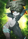  1girl absurdres black_skin colored_sclera colored_skin fukou helmet helmet_over_one_eye highres hyrule_warriors imp looking_at_viewer midna multicolored_skin naughty_face neon_trim pear-shaped_figure prehensile_hair shortstack simple_background the_legend_of_zelda the_legend_of_zelda:_twilight_princess two-tone_skin 