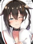  ;d ahoge artist_name blue_eyes blush braid choker close-up collarbone eyebrows_visible_through_hair gloves hair_between_eyes hair_flaps hair_ornament hairpin half-closed_eye hand_on_another's_face head_tilt isshiki_(ffmania7) kantai_collection long_sleeves looking_at_viewer one_eye_closed open_mouth out_of_frame parted_lips petting pov remodel_(kantai_collection) shigure_(kantai_collection) single_braid sketch smile solo_focus teeth twitter_username upper_body white_gloves 