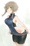  :3 adapted_costume amane_suzuha bare_shoulders bike_shorts blush braid breasts brown_hair commentary_request cowboy_shot highres large_breasts leaning_forward meme_attire short_hair sketch sleeveless_track_jacket smile solo steins;gate taishi_(picchiridou) turtleneck twin_braids virgin_killer_sweater yellow_eyes zipper 