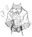  abs anthro black_fur black_nose black_sclera canine chain clothed clothing coat fur garmr male mammal multicolored_fur open-coat red_fur simple_background solo tokyo_afterschool_summoners tongue tongue_out white_background wolf yellow_eyes 