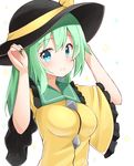  adjusting_clothes adjusting_hat alternate_hair_length alternate_hairstyle black_hat blue_eyes blush breasts closed_mouth commentary frilled_shirt_collar frilled_sleeves frills from_side green_hair hat hat_ribbon komeiji_koishi long_hair looking_at_viewer looking_to_the_side medium_breasts ominaeshi_(takenoko) ribbon shirt sidelocks smile solo touhou upper_body wide_sleeves yellow_ribbon yellow_shirt 