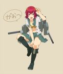 1girl animal_print bikini black_boots boots breasts claw_pose commentary cone_horns emu_(eomou) fake_horns horns invisible_chair kantai_collection kinu_(kancolle) knee_boots medium_breasts open_clothes open_mouth open_shirt pleated_skirt red_eyes red_hair rigging sailor_collar school_uniform serafuku shirt short_hair short_sleeves sitting skirt solo speech_bubble swimsuit tiger_print 