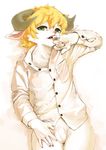  anthro balls blonde_hair caprine clothing fur green_eyes hair horn kemoisumi kemono looking_at_viewer male mammal open_mouth penis seducing shirt simple_background solo tongue tongue_out white_fur young 
