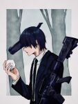  1boy black_hair black_jacket black_necktie border chainsaw_man collared_shirt gun gun_fiend_(chainsaw_man) hayakawa_aki highres holding holding_snowball jacket looking_at_object machine_gun male_focus necktie shirt short_hair snowball solo suit_jacket swn_55 tree upper_body weapon white_border white_shirt 