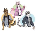  5_fingers abstract_background anthro belt black_fur black_nose black_tail bow_tie brown_eyes brown_fur brown_hair brown_tail canine cheek_tuft clothed clothing countershading dipstick_tail dog dress_shirt eyebrows feline fox fully_clothed fur gaku_yaotome grey_spots group hair half-length_portrait idolish7 inner_ear_fluff jewelry leopard leopard_spots looking_at_viewer male mammal multicolored_fur multicolored_tail necklace open_jacket pink_eyes pink_fur pink_hair pink_nose pink_tail portrait rolled_up_sleeves ryunosuke_tsunashi shirt short_hair smile snow_leopard spots spotted_fur spotted_tail standing suspenders tenn_kujo thatwildmary tuft two_tone_fur two_tone_tail vest waving white_fur white_hair white_tail 