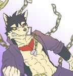  abs anthro black_fur black_nose black_sclera canine chain clothed clothing coat fur garmr male mammal multicolored_fur open-coat red_fur simple_background solo tokyo_afterschool_summoners tongue tongue_out wolf yellow_eyes 