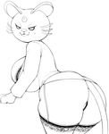  alolan_persian anthro beauty_mark big_breasts big_butt black_and_white bra breasts butt clothing fangs female forehead_gem gray_impact huge_breasts huge_butt looking_back monochrome nintendo pok&eacute;mon pok&eacute;morph regional_variant solo thick_thighs underwear video_games 