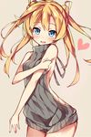  abukuma_(kantai_collection) backless_dress backless_outfit bare_shoulders blonde_hair blue_eyes breasts cowboy_shot double_bun dress grey_dress hair_rings halterneck heart kantai_collection long_hair looking_at_viewer meme_attire naked_sweater no_bra open_mouth ribbed_sweater small_breasts smile solo sweater sweater_dress turtleneck turtleneck_sweater twintails unacchi_(nyusankin) virgin_killer_sweater 