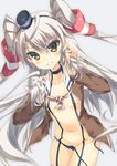  amatsukaze_(kantai_collection) aoi_sora-maru black_panties breasts choker clenched_teeth dress gloves grey_background highres kantai_collection long_hair looking_at_viewer navel open_clothes panties sailor_dress short_dress side-tie_panties silver_hair simple_background single_glove small_breasts smile solo teeth two_side_up underwear untied untied_panties very_long_hair wardrobe_malfunction white_gloves windsock yellow_eyes 