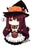  1girl apron basket black_hat blush bow bowtie brown_hair candy chibi closed_mouth commentary dated ears_down food full_body hair_bow hat holding holding_basket jack-o&#039;-lantern jack-o'-lantern jitome konshin long_hair musical_note orange_bow orange_neckwear original red_eyes signature simple_background solo sparkle spoken_musical_note symbol_commentary very_long_hair white_apron white_background 