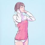  animated animated_gif brown_hair dressing hair_flip ilya_kuvshinov no_pants original panties short_hair simple_background solo standing sweater turtleneck turtleneck_sweater underwear 