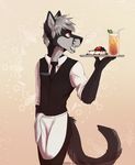  anthro beverage black_fur black_nose black_tail canine clothed clothing countershading donritzu drinking_straw eyebrows food fully_clothed fur glass grey_fur grey_hair grey_tail hair holding_object looking_away male mammal multicolored_fur necktie orokeu_kitsugami pie red_eyes shiki-kun-baka short_hair solo standing two_tone_fur two_tone_tail waiter wolf 