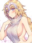 alternate_costume backless_dress backless_outfit bare_shoulders blonde_hair blue_eyes blush braid breasts dress embarrassed fate/apocrypha fate_(series) g.t halterneck headpiece jeanne_d'arc_(fate) jeanne_d'arc_(fate)_(all) large_breasts long_hair looking_at_viewer meme_attire naked_sweater sideboob single_braid solo sweater sweater_dress turtleneck turtleneck_sweater upper_body virgin_killer_sweater 