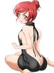  alternate_hairstyle ass backless_outfit bare_back barefoot black_sweater blush breasts butt_crack dress embarrassed flying_sweatdrops hair_bun hair_up looking_back love_live! love_live!_school_idol_project medium_breasts meme_attire naked_sweater nishikino_maki open_mouth purple_eyes red_hair shogo_(4274732) simple_background sitting solo sweat sweater sweater_dress virgin_killer_sweater white_background 