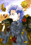  1boy absurdres anno_moyoco artist_name closed_mouth commentary_request copyright_name dated earrings eyelashes falling_leaves frilled_shirt frills grey_shirt highres jewelry leaf looking_to_the_side male_focus medium_hair mixed-language_commentary purple_hair ring rockin'_robin_(sugar_sugar_rune) shirt solo sugar_sugar_rune upper_body 